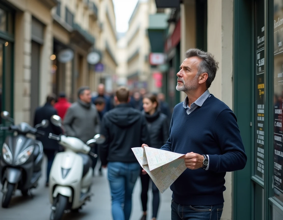 Homme devant une agence immobilière consultant des annonces de location dans une ville en zone tendue