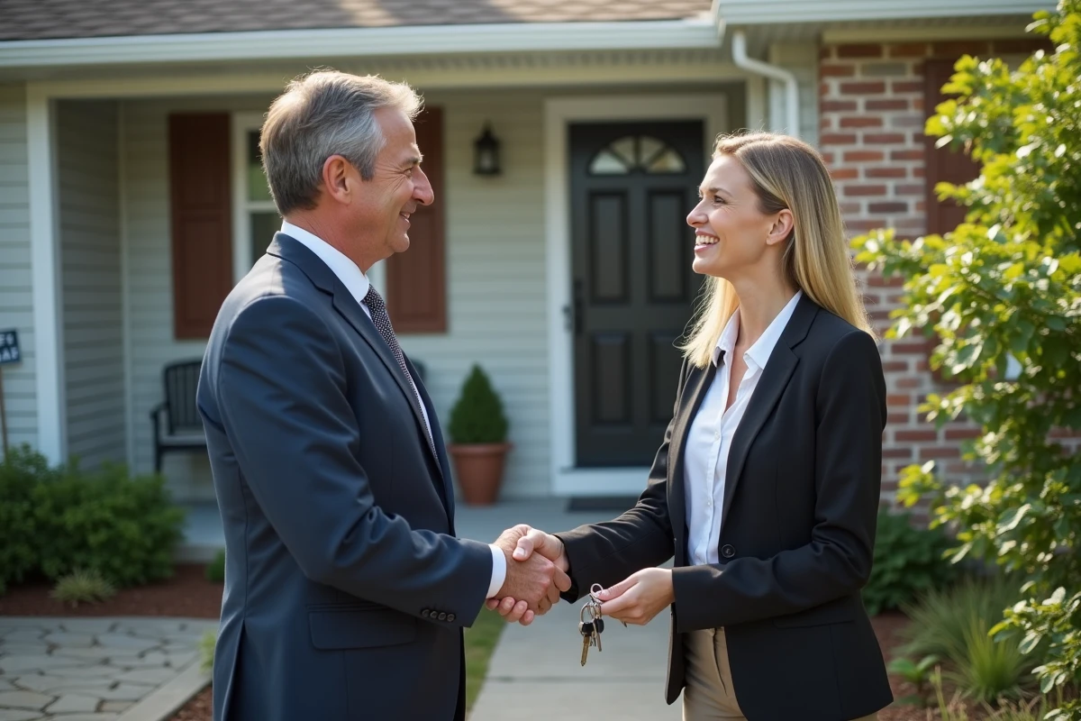 Agent immobilier remettant les clés à une cliente devant maison