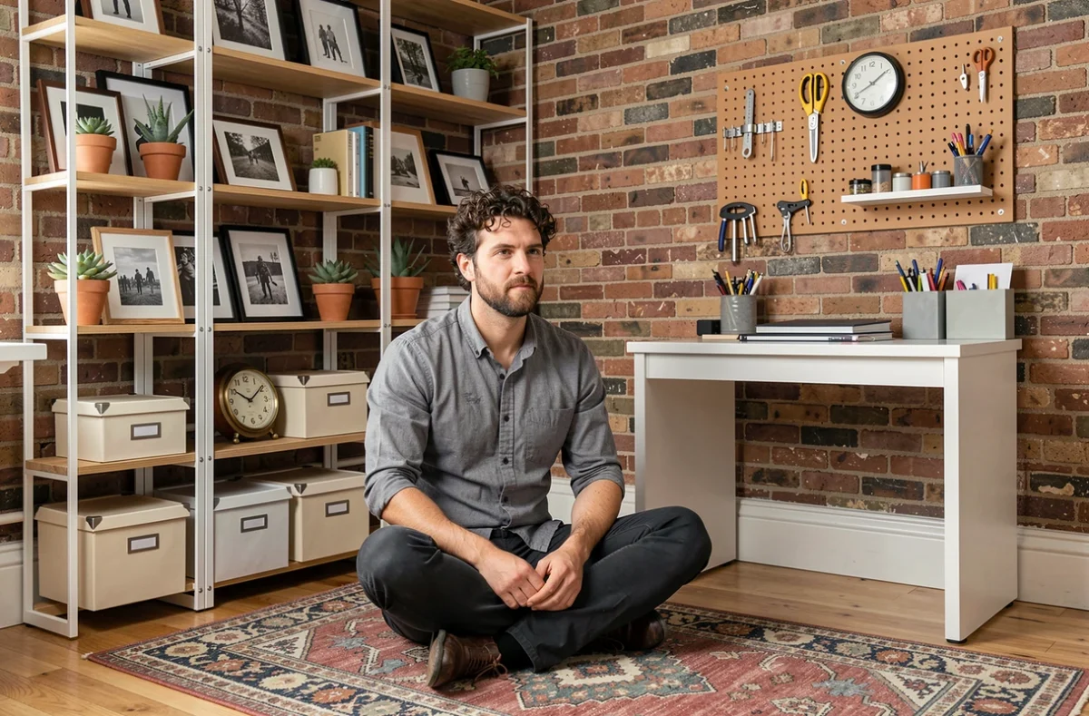 Homme assis dans un coin bureau aménagé à domicile avec des étagères décorées, des plantes et des rangements personnalisés dans un appartement urbain