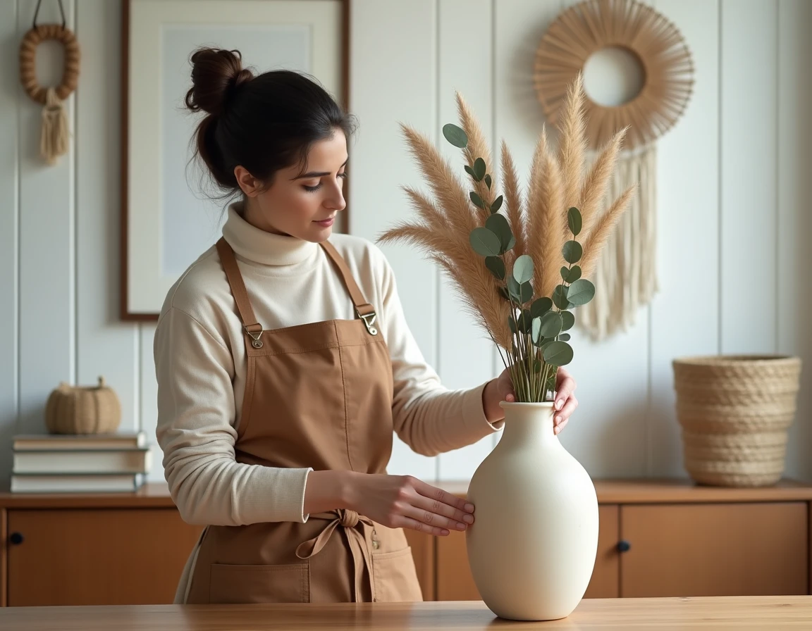 Femme arrangeant des fleurs séchées dans un vase en céramique sur un meuble en bois dans un salon de style scandinave décoré avec soin