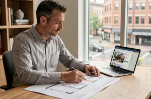 Homme analysant des plans immobiliers et des documents d'investissement sur un bureau en bois dans un bureau à domicile moderne