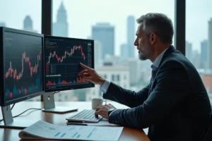 Analyste financier examinant les performances boursières d'Airbus sur des écrans avec graphiques de cours et cycles économiques