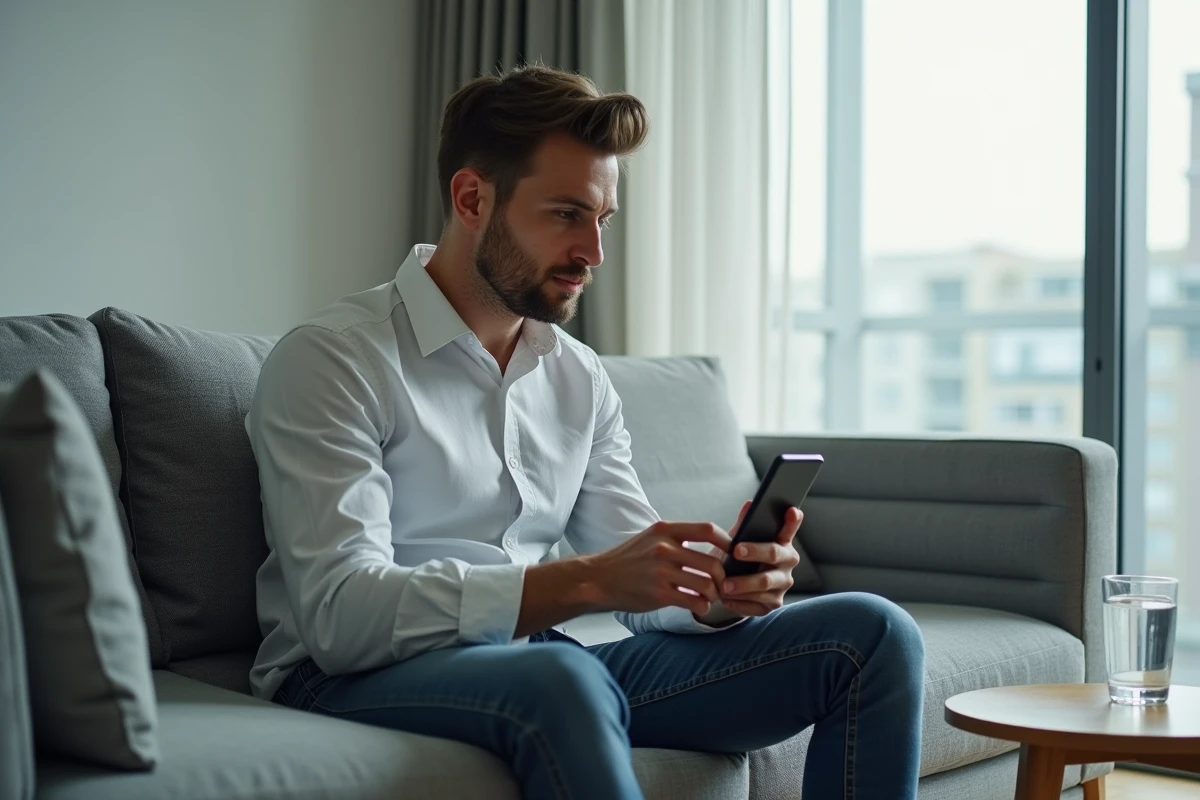 Jeune homme consultant les avis et qualifications d'un spécialiste de santé sur son smartphone