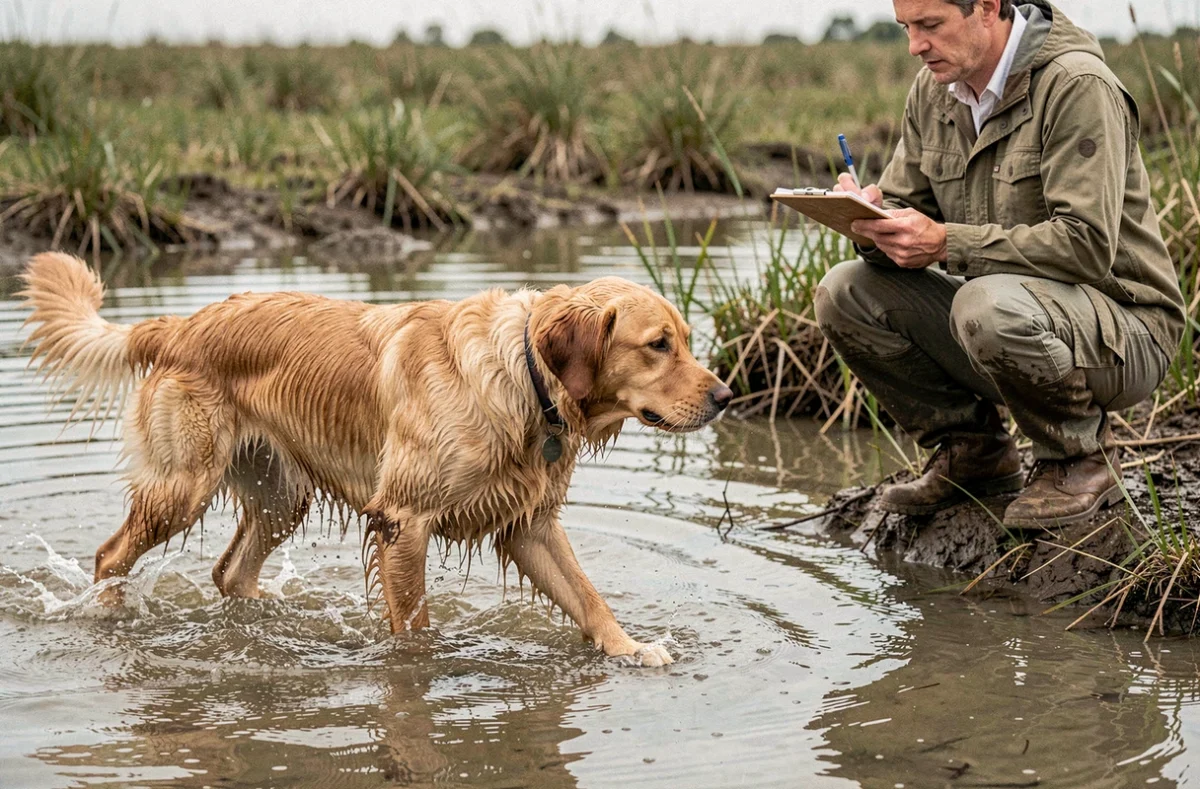Berger des lagunes en mouvement dans l'eau d'un marécage observé par un naturaliste, chien rare en milieu naturel