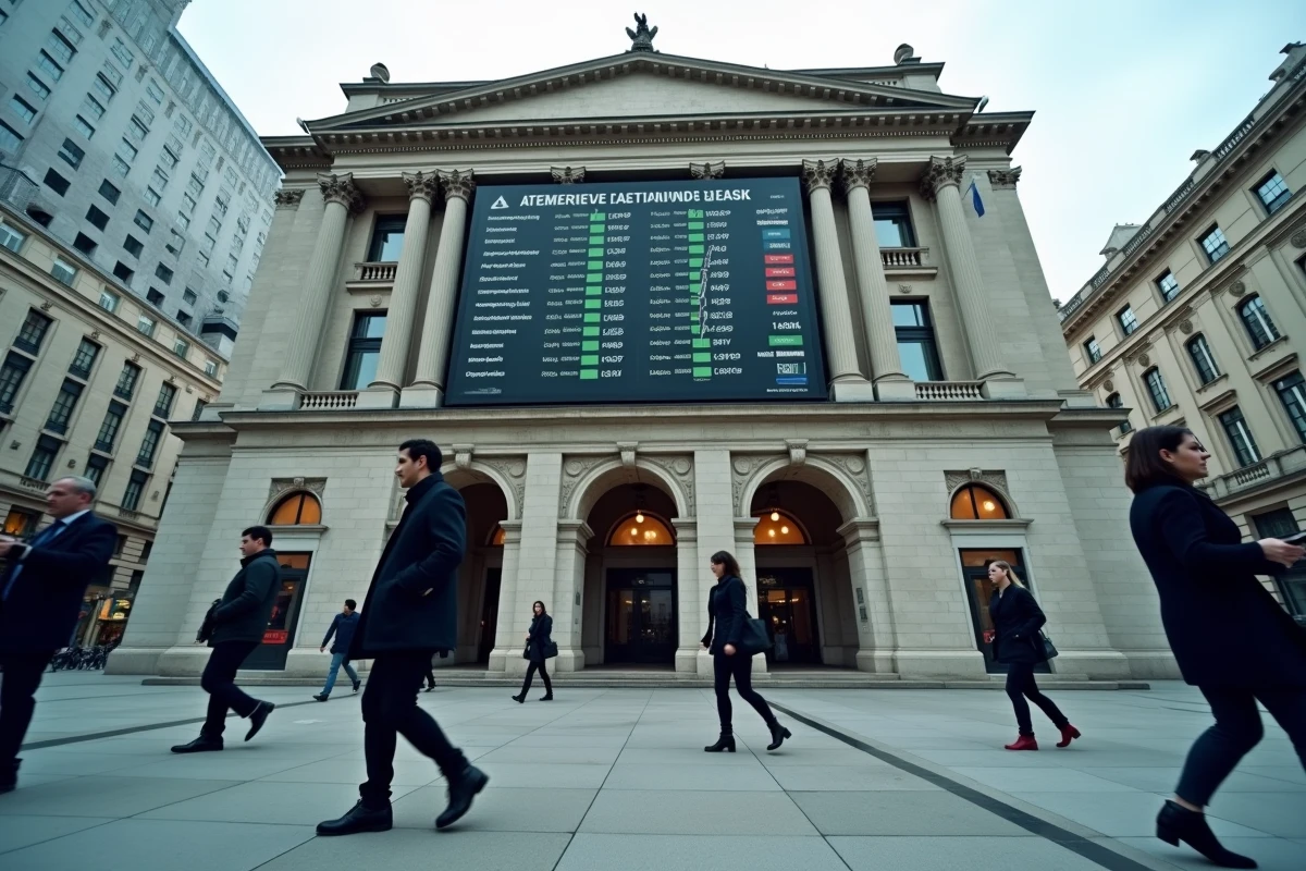 Façade d'une bourse européenne avec tableau de cotations affichant les indices du secteur aéronautique dont Airbus