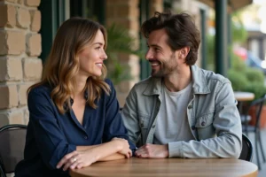 Une femme et un homme discutent sur une terrasse de café