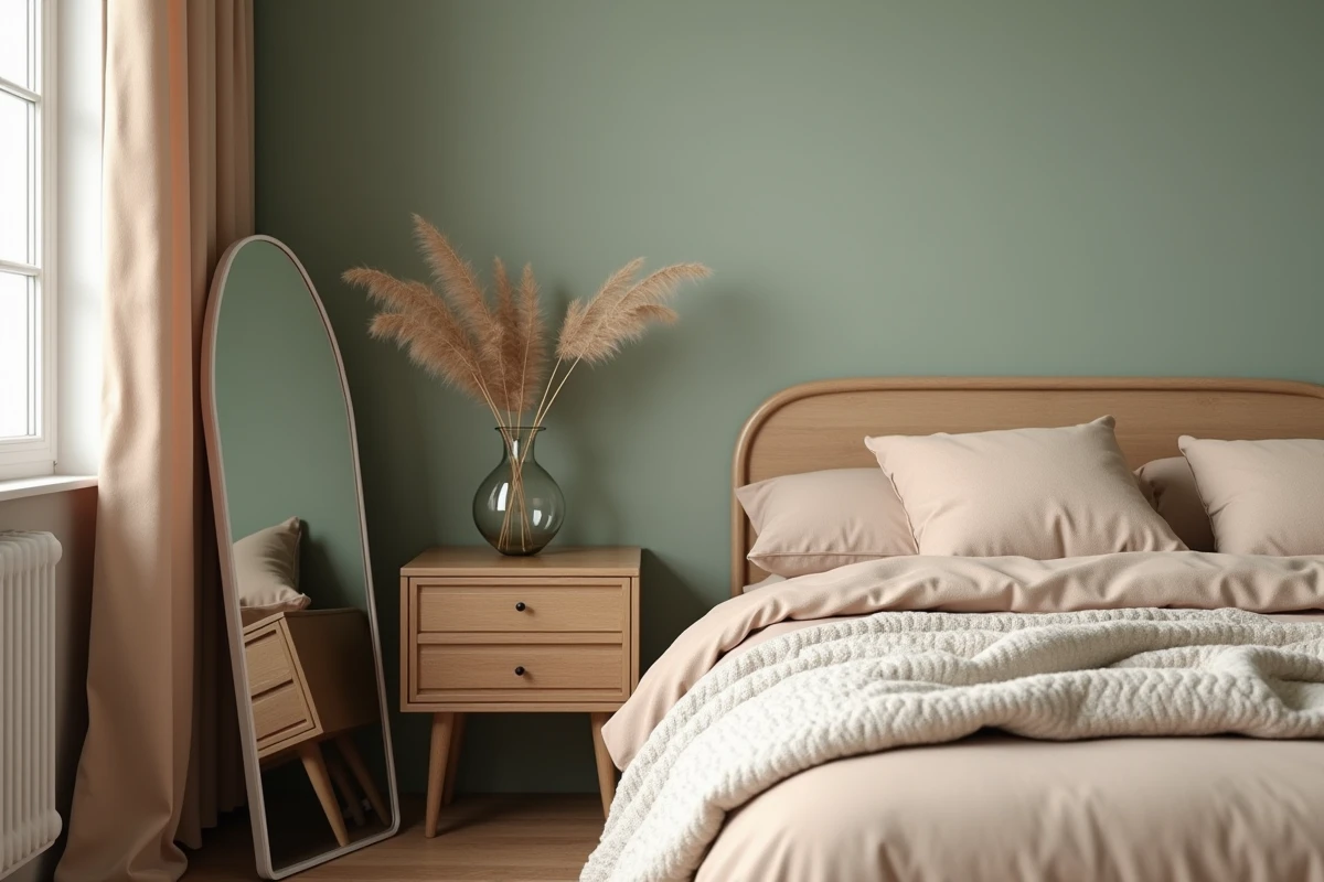 Coin chambre tendance 2024 avec mur vert sauge en chaux, table de nuit en chêne courbé, literie en lin naturel et miroir arche vintage