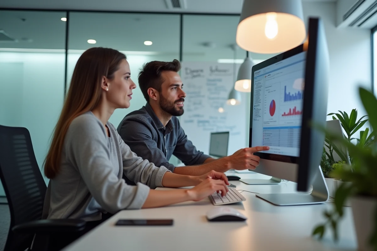 Deux collègues collaborant sur l'interface du bureau propriétaire ITEA dans un espace de coworking