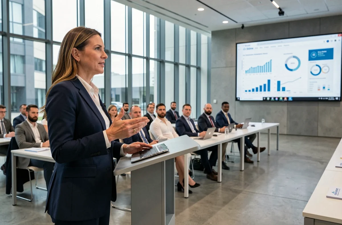 Conférencière professionnelle prenant la parole lors d'un événement d'entreprise moderne dans une grande salle de conférence avec écran numérique