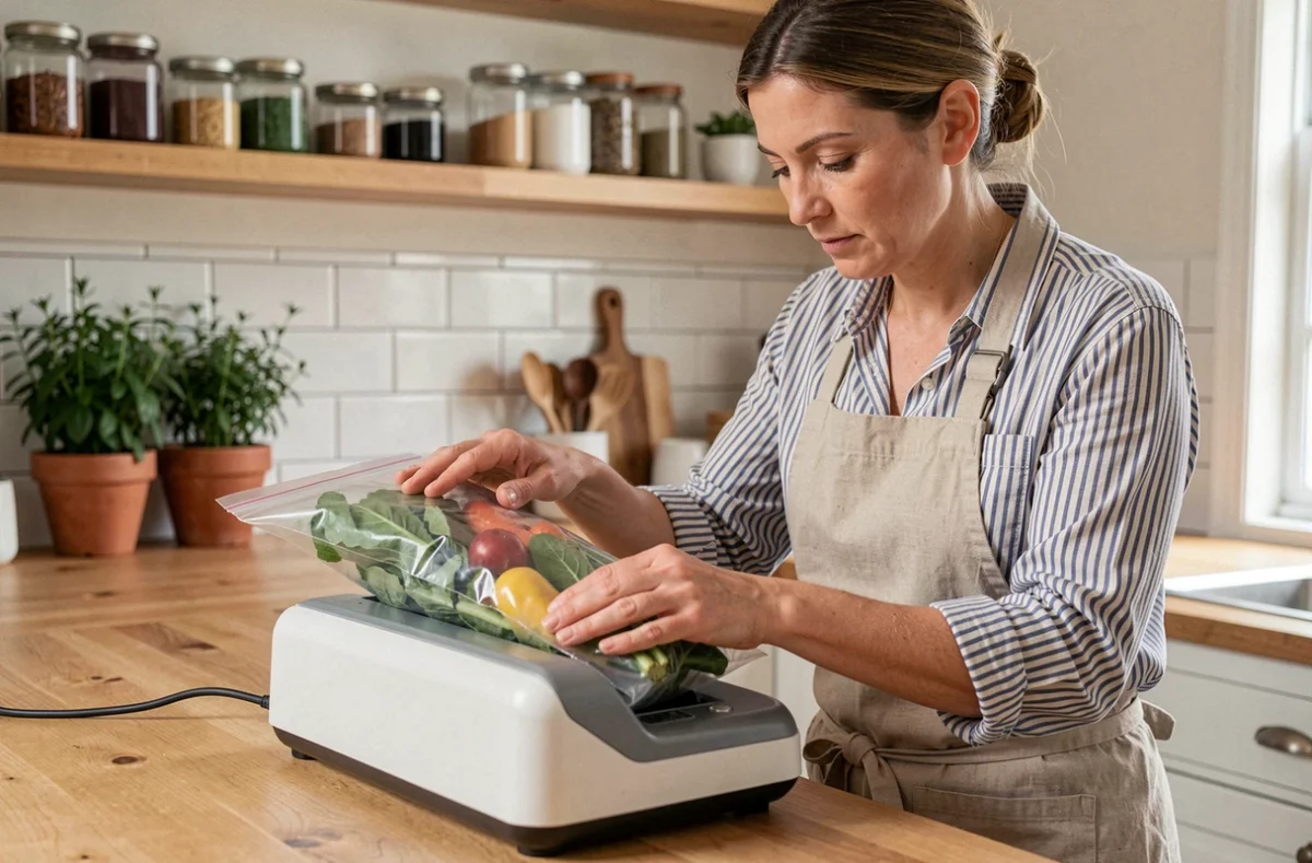 Femme utilisant une machine sous vide pour conserver des légumes frais dans une cuisine moderne en bois
