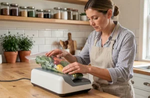Femme utilisant une machine sous vide pour conserver des légumes frais dans une cuisine moderne en bois