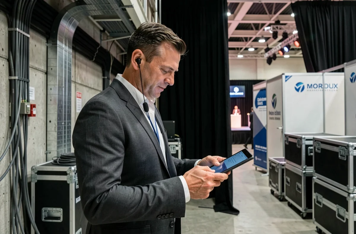 Coordinateur d'événement professionnel en coulisses vérifiant sa tablette lors de la préparation d'un salon ou conférence d'entreprise