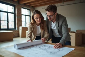 Jeune couple en rénovation d appartement avec plans architecturaux