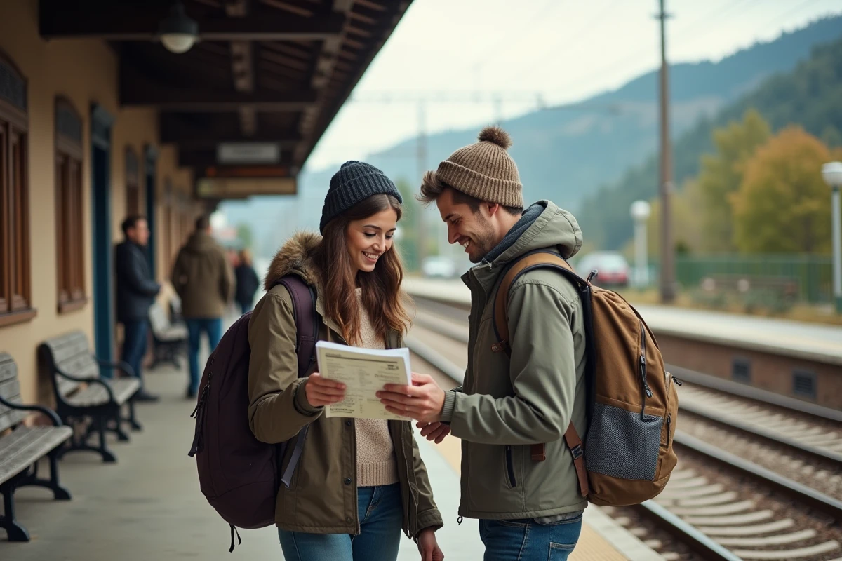 Jeune couple attendant le train avec enthousiasme à la gare