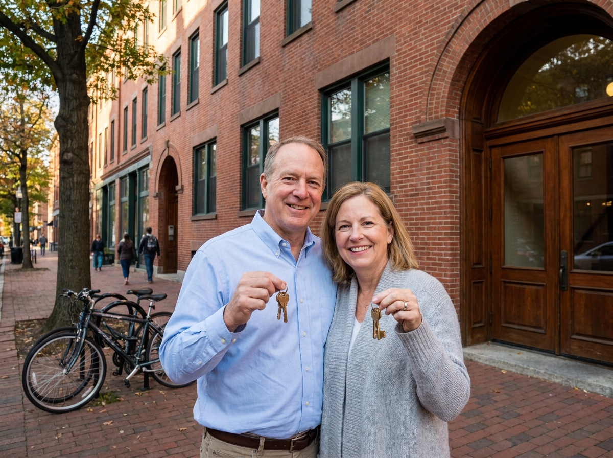 Couple souriant tenant des clés devant un immeuble résidentiel