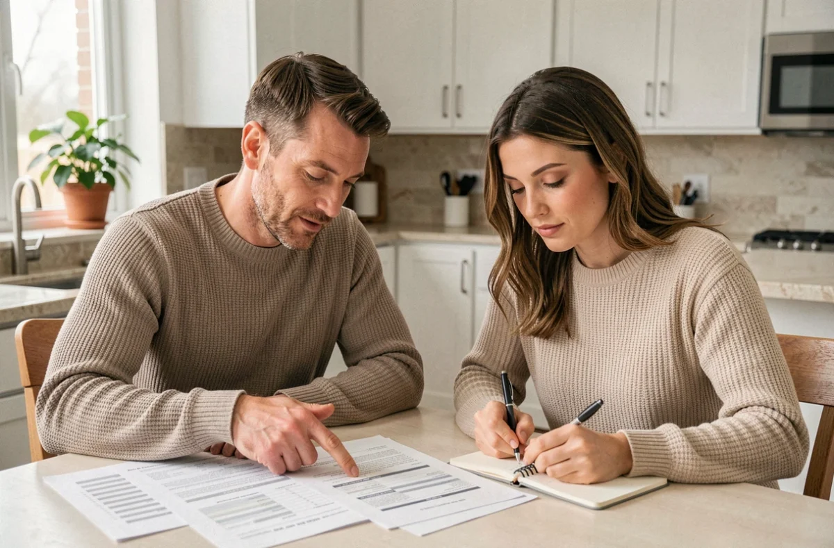 Couple examinant un contrat de prêt immobilier et des projections financières autour d'une table de cuisine moderne