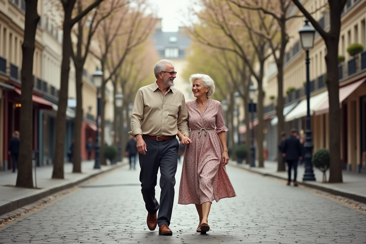 Couple élégant d'âge mûr marchant et riant ensemble dans une rue pavée parisienne bordée d'arbres