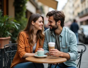 Couple complice attablé en terrasse parisienne, partageant un moment intime autour d'un café, ambiance urbaine chaleureuse