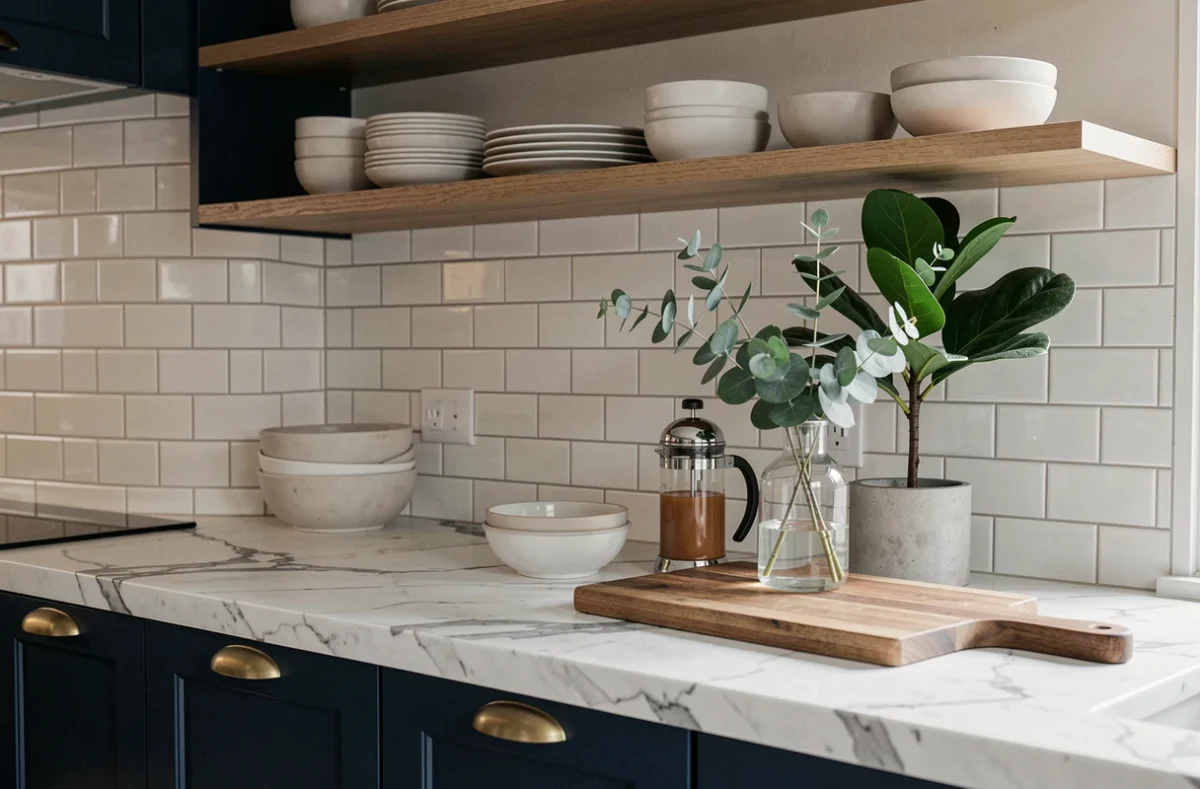 Cuisine parisienne moderne avec armoires bleu marine, plan de travail en marbre blanc et décoration minimaliste aux accents en laiton brossé
