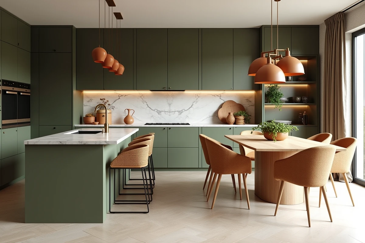 Cuisine ouverte tendance 2024 avec façades vert olive mat, ilot en marbre Calacatta, tabourets en rotin et suspensions en céramique terracotta