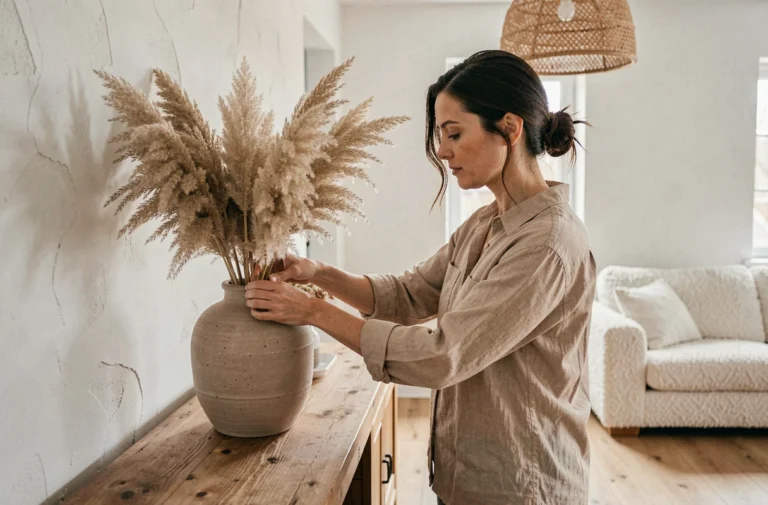 Femme arrangeant des herbes de la pampa dans un vase en céramique sur une console en bois dans un salon de style scandinave