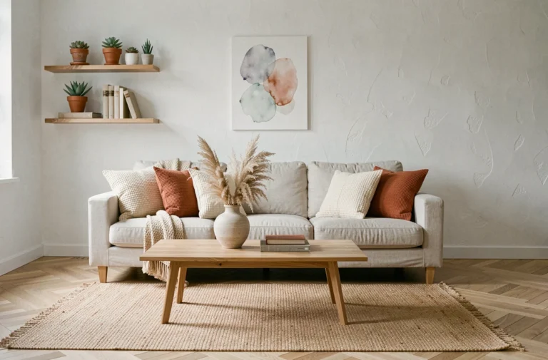 Salon scandinave cosy avec canapé en lin, table basse en chêne, tapis en jute et décoration végétale épurée pour une ambiance maison chaleureuse