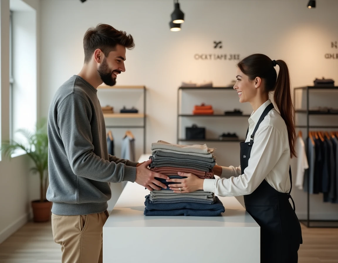 Jeune homme déposant des vêtements au comptoir d'une boutique de rachat de seconde main