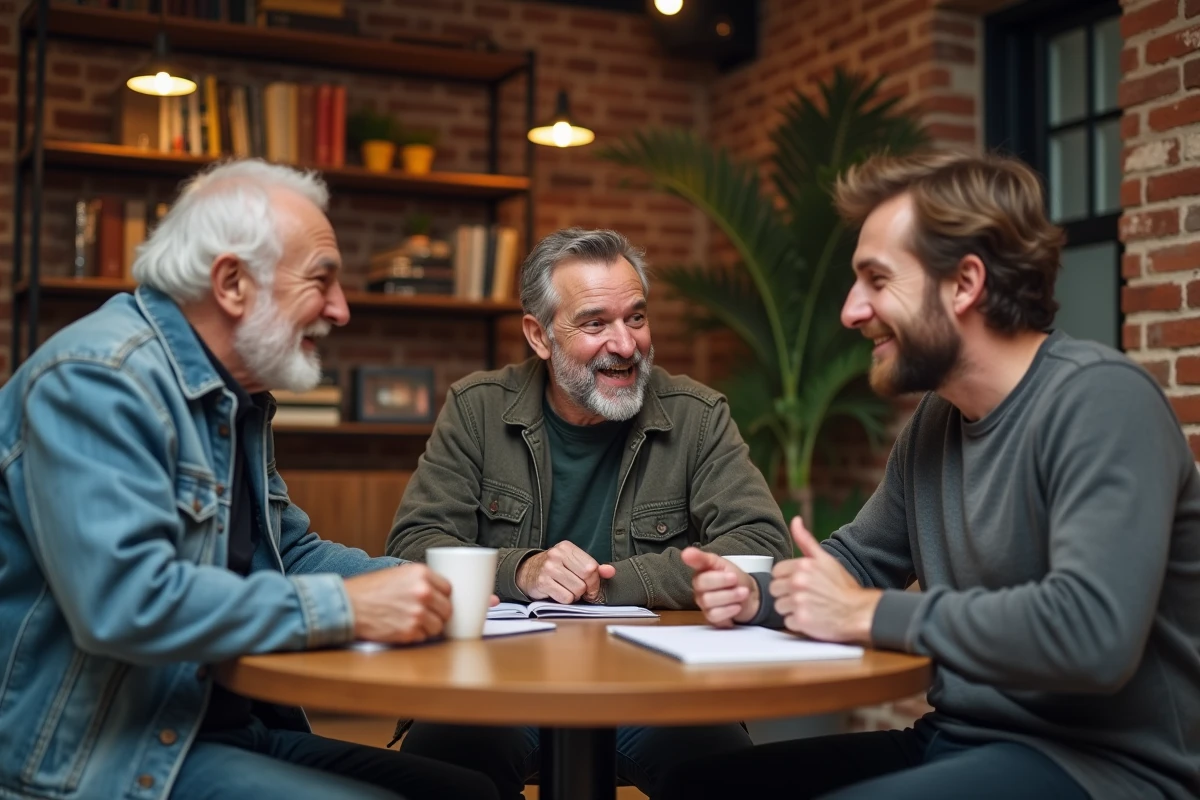 Groupe de trois hommes discutant dans un café chaleureux