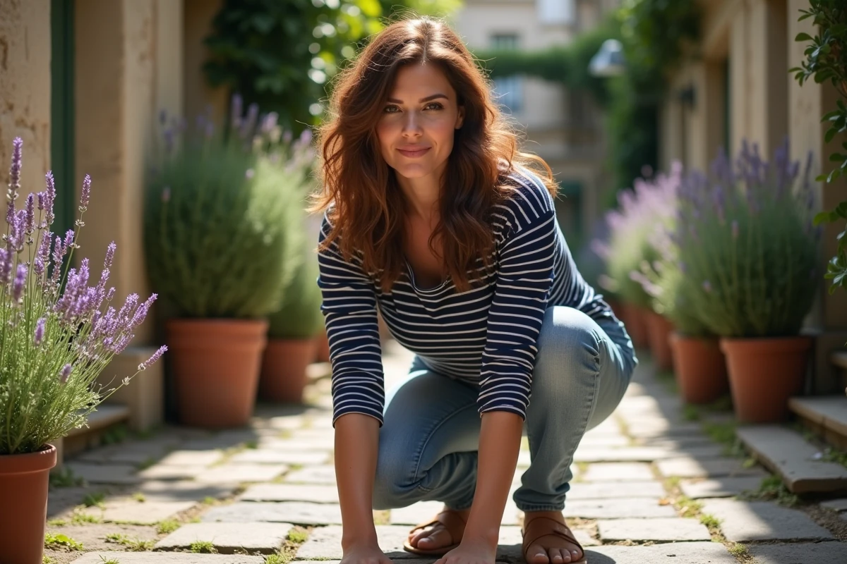 Femme s'occupant de son jardin dans une cour parisienne, évoquant l'intimité et le quotidien familial d'Élodie Huchard