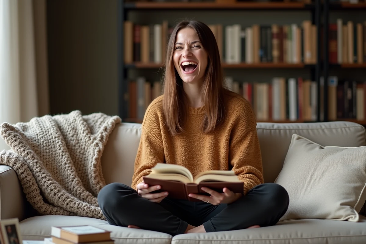 Femme riant naturellement dans un salon chaleureux décoré de livres et de photos de famille, illustration de la vie intime d'Élodie Huchard