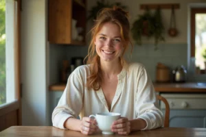 Portrait intimiste d'une femme française dans une cuisine de campagne chaleureuse, illustrant la vie privée et familiale d'Élodie Huchard