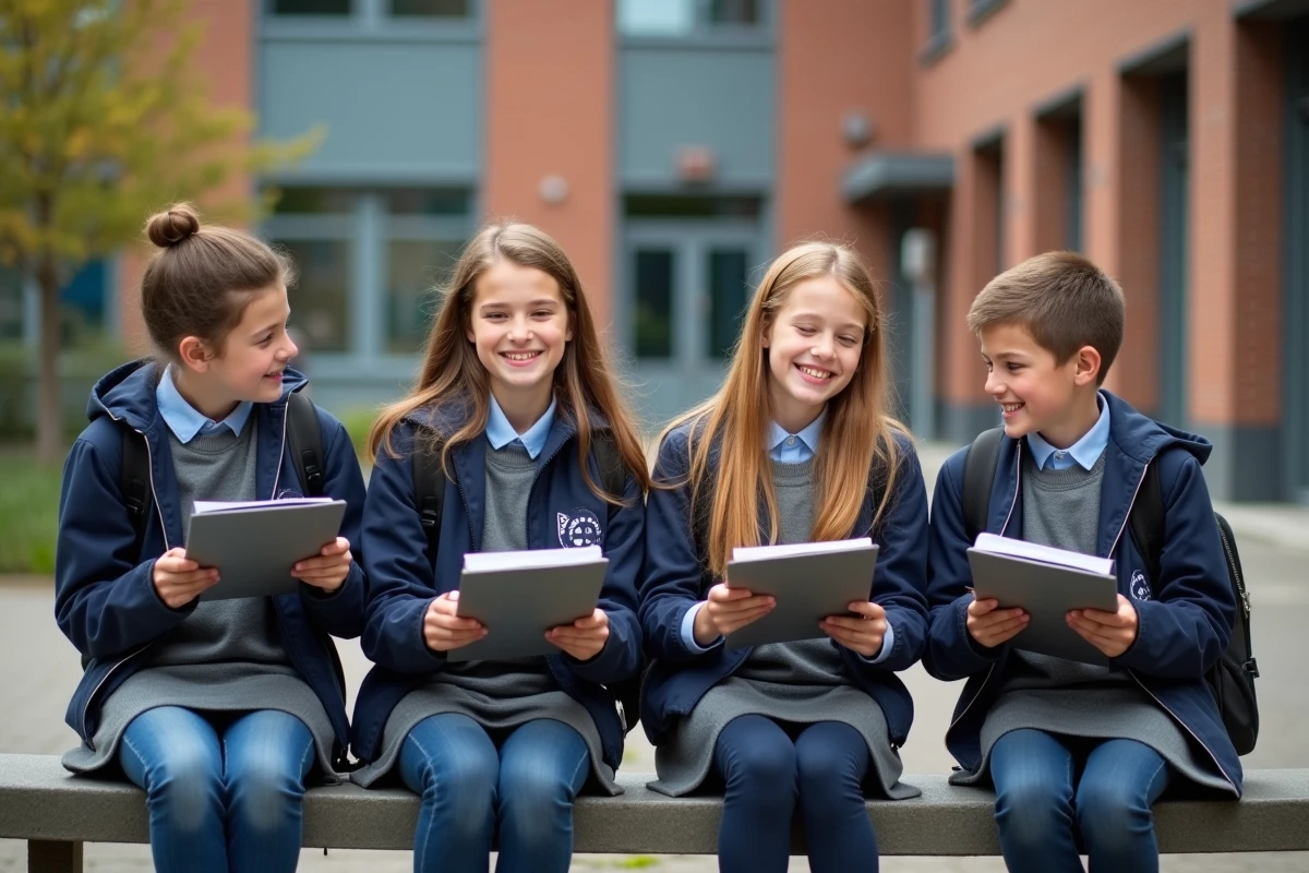Enfants français en uniforme échangeant des cahiers dehors