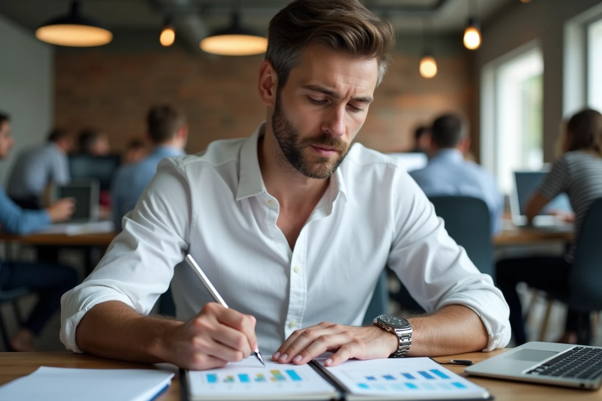 Entrepreneur analysant des métriques de croissance dans un espace de coworking avec journal et tablette