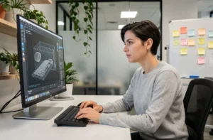 Experte UX analysant un wireframe sur un écran d'ordinateur dans un studio de design moderne