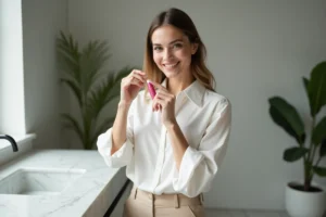 Femme souriante appliquant un baume à lèvres dans une salle de bain moderne