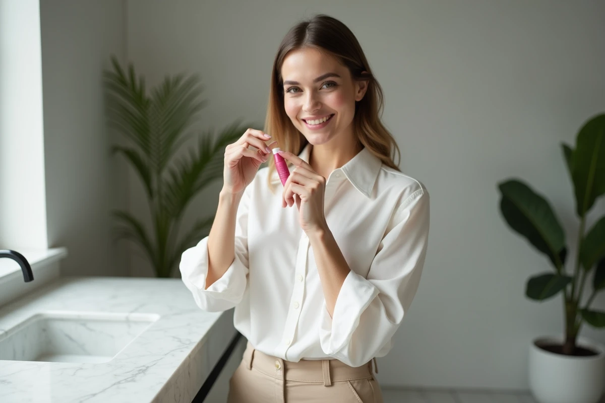 Femme souriante appliquant un baume à lèvres dans une salle de bain moderne