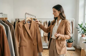 Femme élégante explorant des vêtements tendance dans une boutique de mode parisienne minimaliste