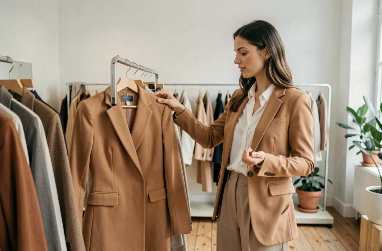 Femme élégante explorant des vêtements tendance dans une boutique de mode parisienne minimaliste