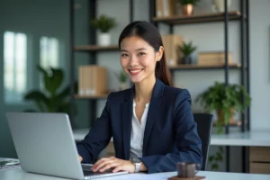 Femme en costume bureau moderne en pleine concentration