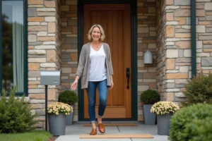 Femme posant un tapis devant une maison rénovée en banlieue