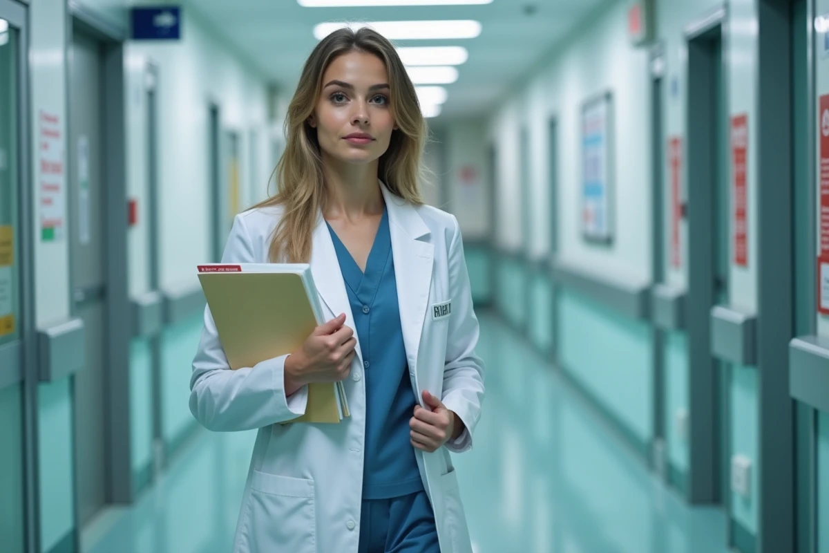 Jeune femme médecin forensique marche dans un couloir d