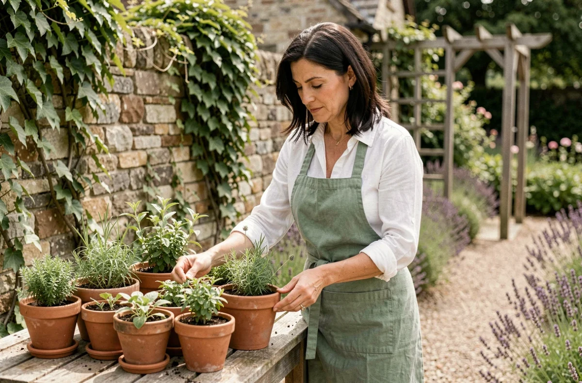 Femme arrangeant des pots en terre cuite avec des herbes aromatiques sur un établi de jardin en bois dans un jardin de cottage fleuri