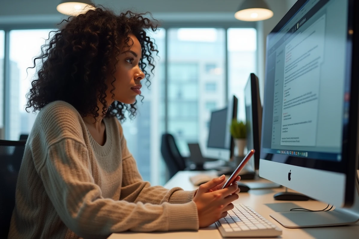 Jeune femme en multitasking avec ordinateur et smartphone dans un bureau moderne