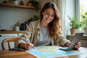 Femme planifiant un voyage avec carte et tablette dans une cuisine lumineuse