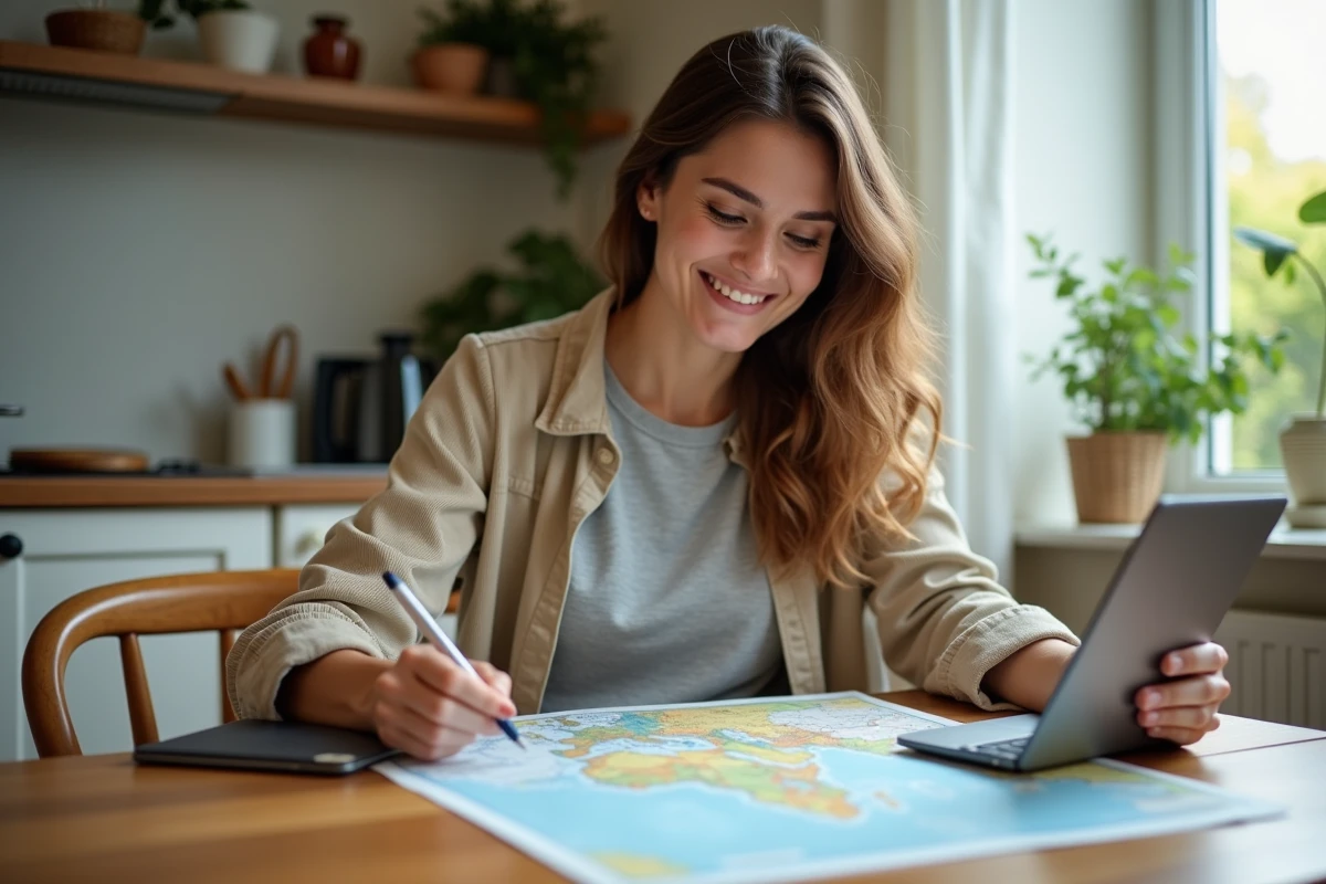 Femme planifiant un voyage avec carte et tablette dans une cuisine lumineuse
