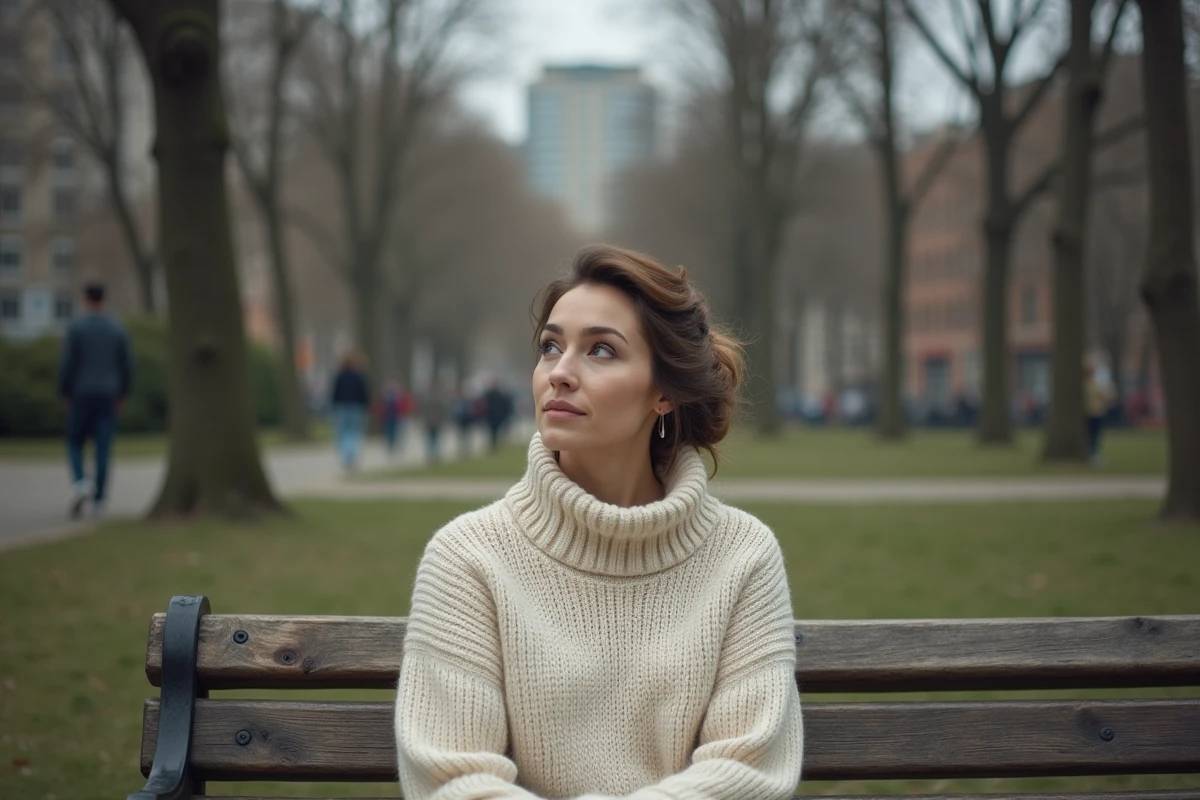 Une femme seule assise dans un parc urbain contemplatif