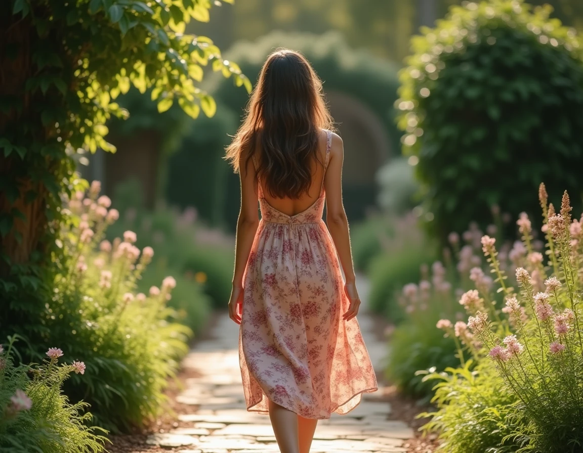 Femme élégante en robe fleurie se promenant dans un jardin botanique verdoyant, atmosphère lifestyle naturelle et sereine