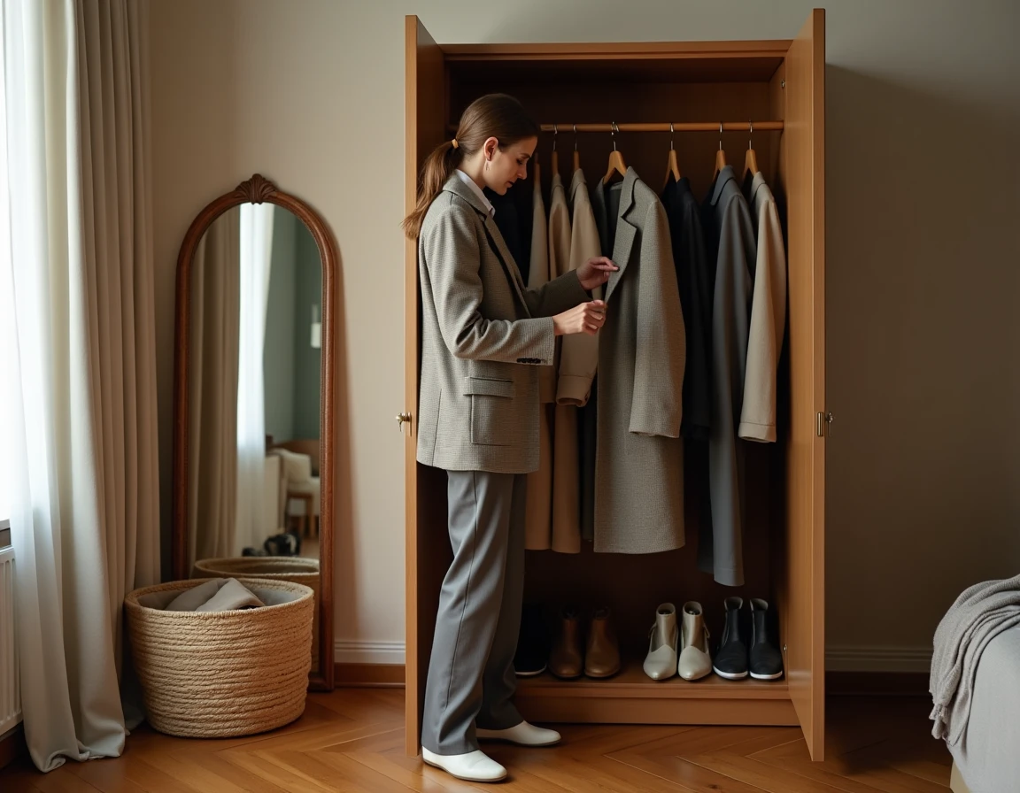 Femme inspectant un manteau vintage devant son armoire ouverte pour sélectionner des vêtements à revendre