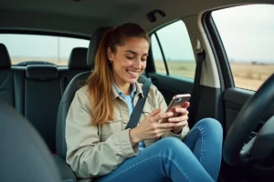 Femme en voiture regardant son smartphone avec sourire