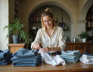 Femme qui trie et plie des vêtements d'occasion sur une table en bois dans un appartement parisien pour un rachat de garde-robe